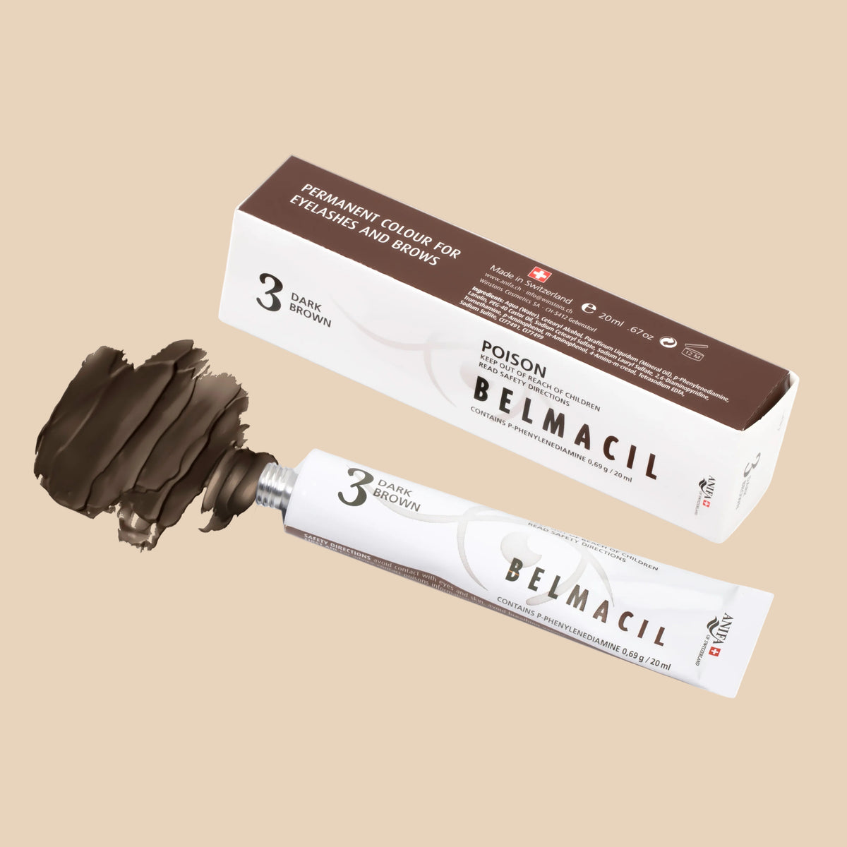 Belmacil Dark Brown lash and brow tint 20g tube with colour swatch, UAE