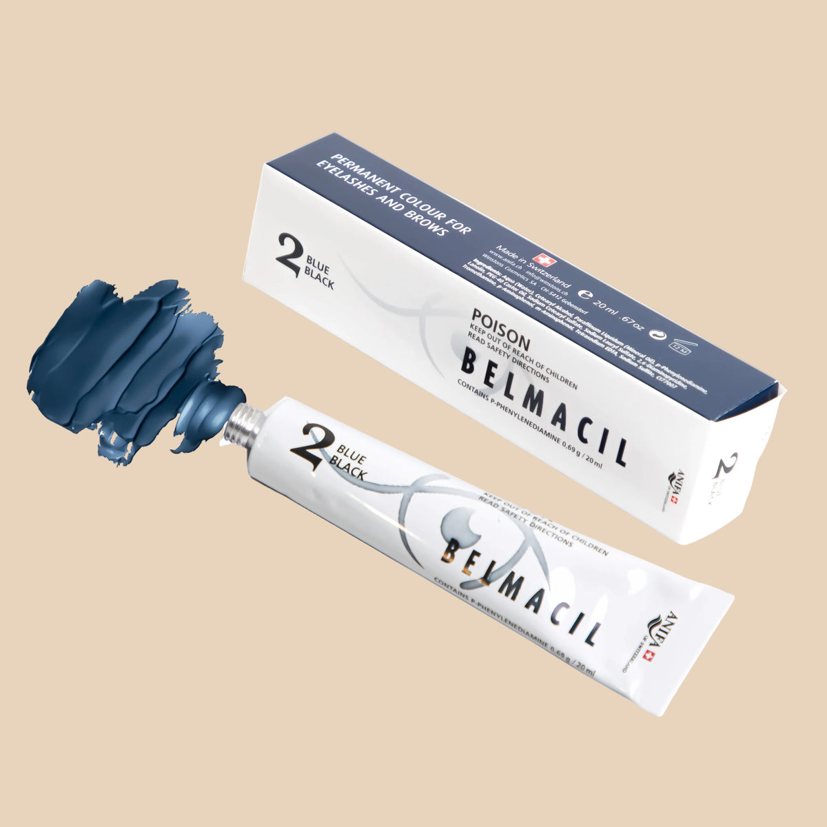 Belmacil Blue Black lash and brow tint 20g tube with colour swatch, UAE