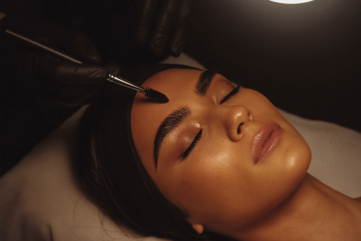 Perfectly laminated brows on a client in a Dubai brow studio, glossy, full and brushed up