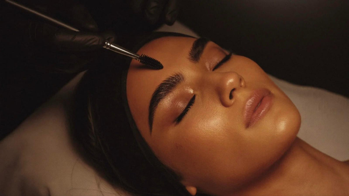 Perfectly laminated brows on a client in a Dubai brow studio, glossy, full and brushed up, no over-processing