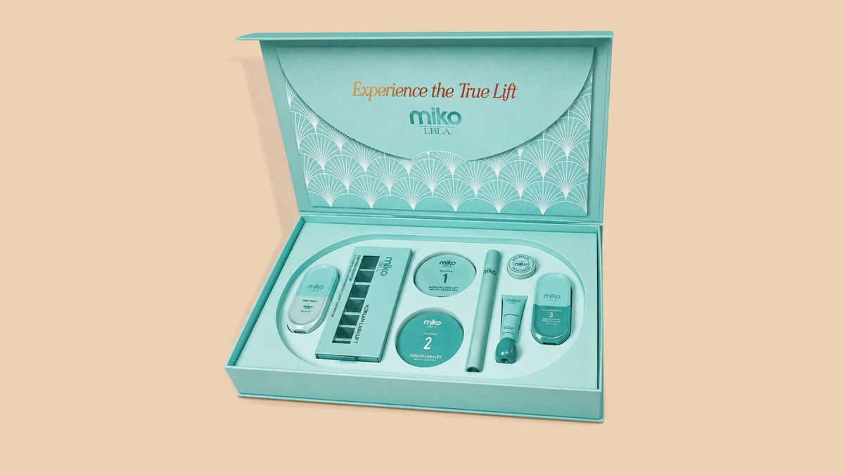 Miko by LBLA Korean Lash Lift System starter kit, open box showing Step 1, Step 2, Step 3 and tools, from The House of Beauty UAE