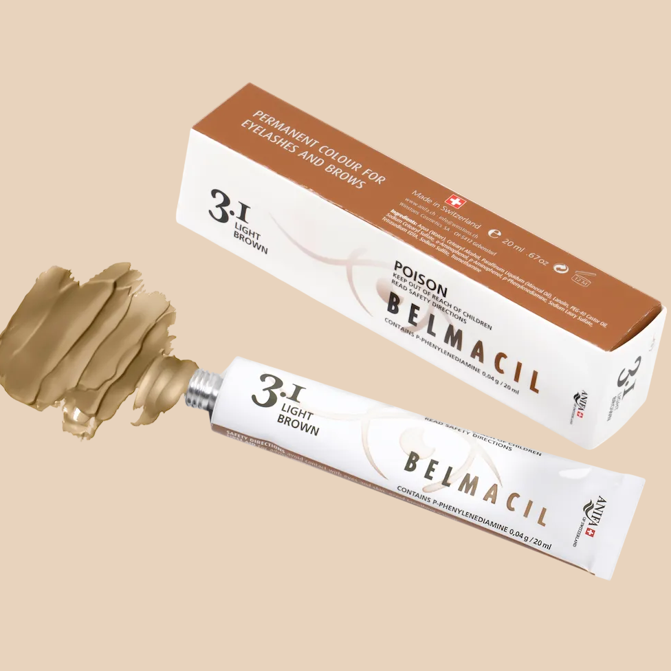Belmacil Light Brown lash and brow tint 20g tube with colour swatch, UAE
