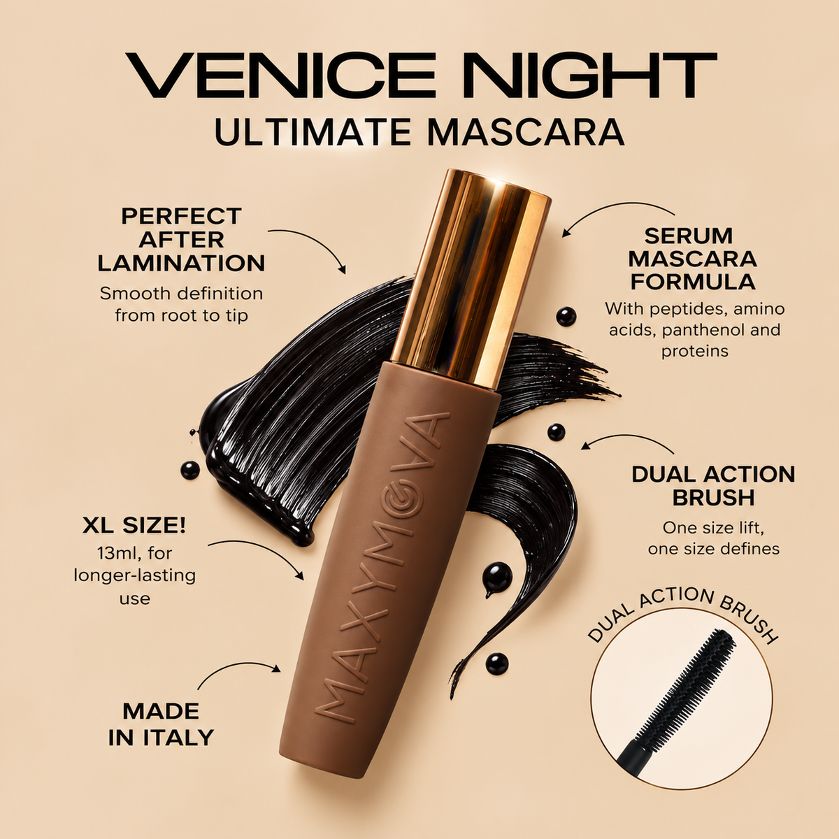 MAXYMOVA Venice Night Mascara UAE | Ultra Black Lash Lift Effect Mascara 13 ml XL