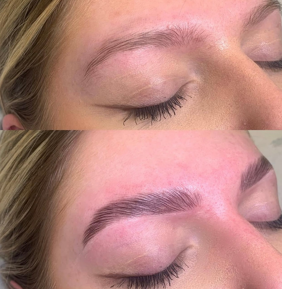 Brow lamination and tint before and after on fine blonde brows