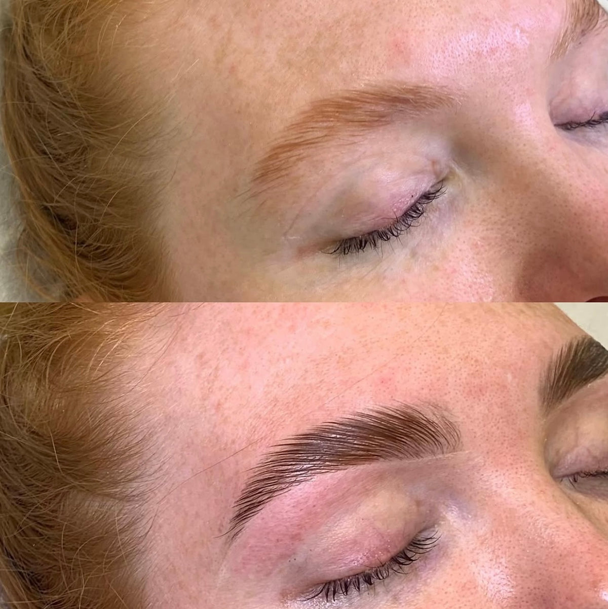 Brow lamination and tint before and after on light red brows