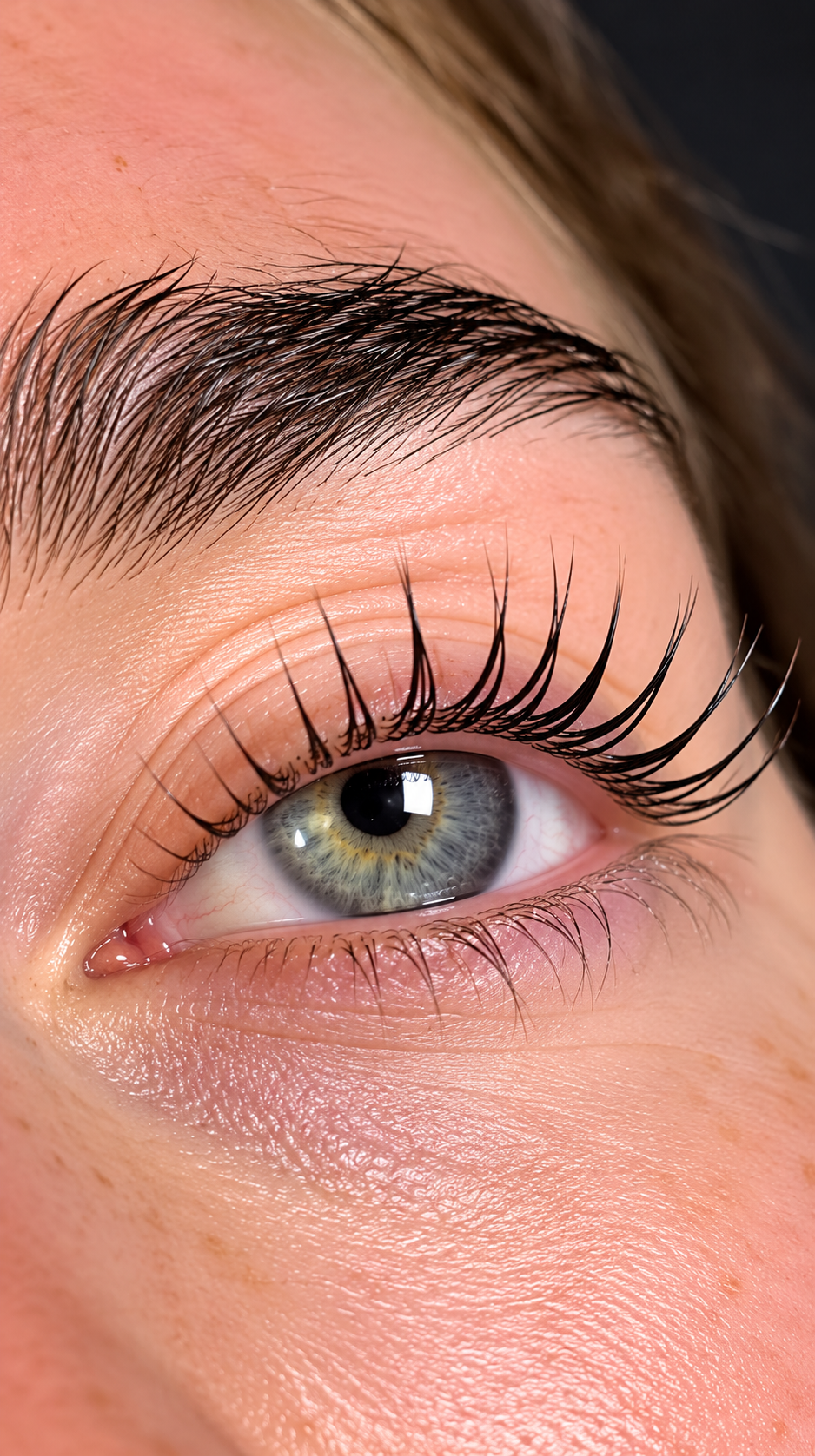 Lifted lashes and laminated brow close up